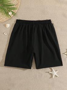 SHEIN 青少年男童泳装，随机印花春夏男童泳衣和沙滩裤，新品上市，内衬泳衣面料，适合游泳和冲浪 - 黑色 - 查看 2