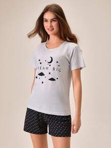 Women Cotton 2pcs Grey Contrast Colour Lettered Moon Cloud Printed Round Neck Short Sleeved Shirt & Contrast Colour Heart Patterned Shorts Homewear Comfort Casual Pajama Set - Multicolor - View 5