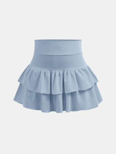 SHEIN Girlism Tween Girls Knitted Solid Color Cute Ruffle Layered Built-In Shorts Mini Skirt, Y2K Fashion, Back To School