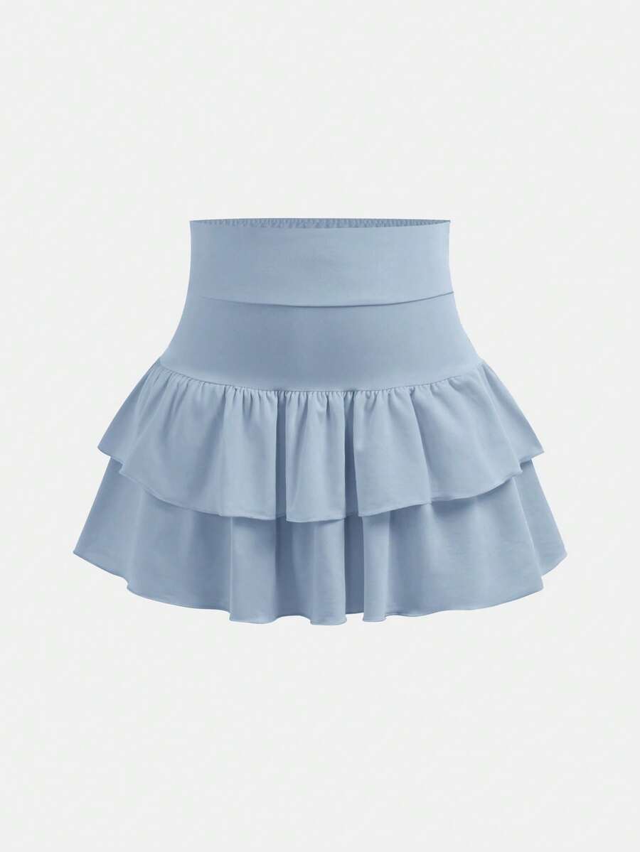 SHEIN Girlism Tween Girls Knitted Solid Color Cute Ruffle Layered Built-In Shorts Mini Skirt, Y2K Fashion, Back To School, Ruffle Skirt, Light Blue Skirt Girls,Kids - Dusty Blue - View 1
