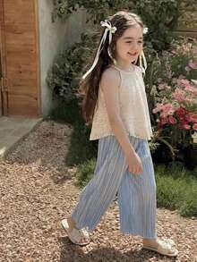 Elladie kids 女童夏季白色和蓝色花卉镂空流苏设计无袖上衣和阔腿裤套装，适合日常外出、休闲旅行、度假、与朋友聚会和拍照。 - 彩色 - 查看 3