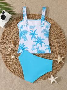 Tween Girl Coconut Tree Print Hollow Out Tankini And Triangle Panty Swimsuit Set - Blue - View 2