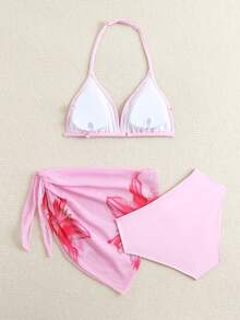 SHEIN 少女三件套比基尼，可爱粉色百合花针织三角上衣、三角泳裤、三角围巾，时尚休闲优雅女士风格，适合游泳、夏季度假、海滩、泳池、节日派对等场合。 - 粉色 - 查看 2