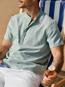 VENTUSAIL 男士纯色休闲短袖衬衫，夏季度假 - 綠色 - 查看 7