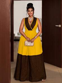 Maweii Vestido de fiesta elegante con cintura fruncida y parches para mujer de talla grande - Amarillo - Ver 2