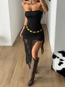 Coolane Women's Summer Streetwear Y2K Chic Date Night Vacation  Music Festival Club Outfits Sexy Lace Concert Music Festival Sleeveless Asymmetrical Dress - Black - View 4