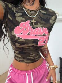 Coolane 女士街头休闲返校运动服短款迷彩紧身T恤 - 軍綠色 - 查看 2