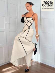 Siren Gaze 女士简约撞色滚边腰带棉质连衣裙，夏季 - 杏色 - 查看 2