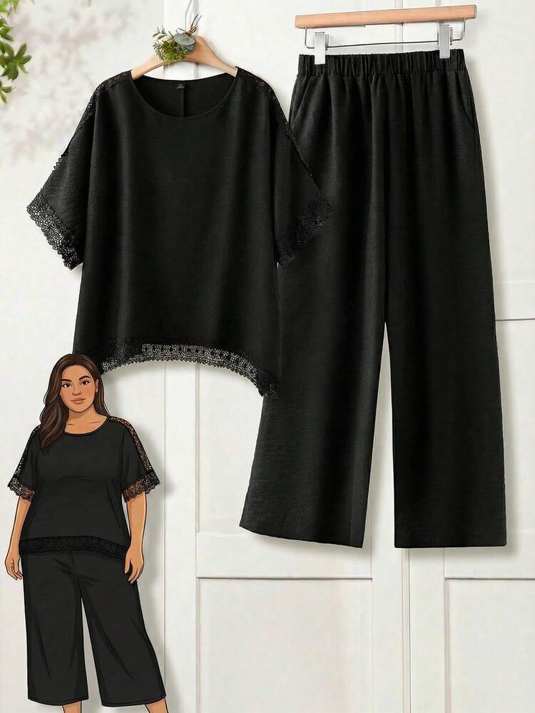 Plus Size Women Solid Color Contrast Lace Round Neck Blouse And Pants Casual 2 Piece Set