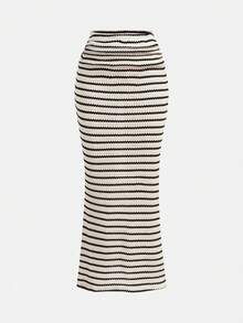 SHEIN Girlism Tween Girls T-Shirt Co-Ords Knit Textured Striped Elegant Casual Asymmetric Shoulder Short Sleeve Lace T-Shirt And Skirt Set - Multicolor - View 5