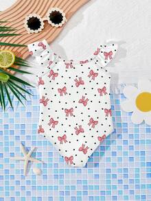 SHEIN Baby Girls' Cute Polka Dot Heart Bow Tie Ruffled One-Piece Swimsuit, Fashionable Casual Swimwear, Suitable For Girls, Swimming, Vacation, Beach, Pool, Photography, Summer Holiday Gift - Multicolor - View 4