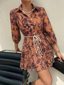 Aveloria Modichic Allover Print Belted Shirt Dress Workwear Vacation Outfits Woman  - Multicolor - View 4