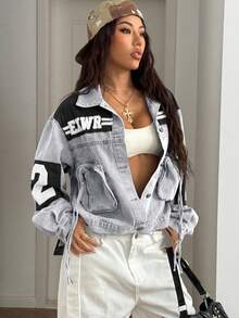 StreetHx Women's Color Block Letter Embroidery Denim Jacket - Multicolor - View 8