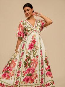 Travachic 大码女式碎花V领短袖优雅连衣裙 - 彩色 - 查看 1