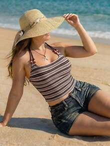 SHEIN ICON 大码 Y2K 休闲条纹串珠装饰针织露背上衣 - 彩色 - 查看 2