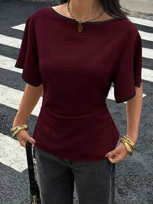Siren Gaze Women's Round Neck Ruffle Trim Casual Versatile Daily Wear Shirt - Burgundy - View 6