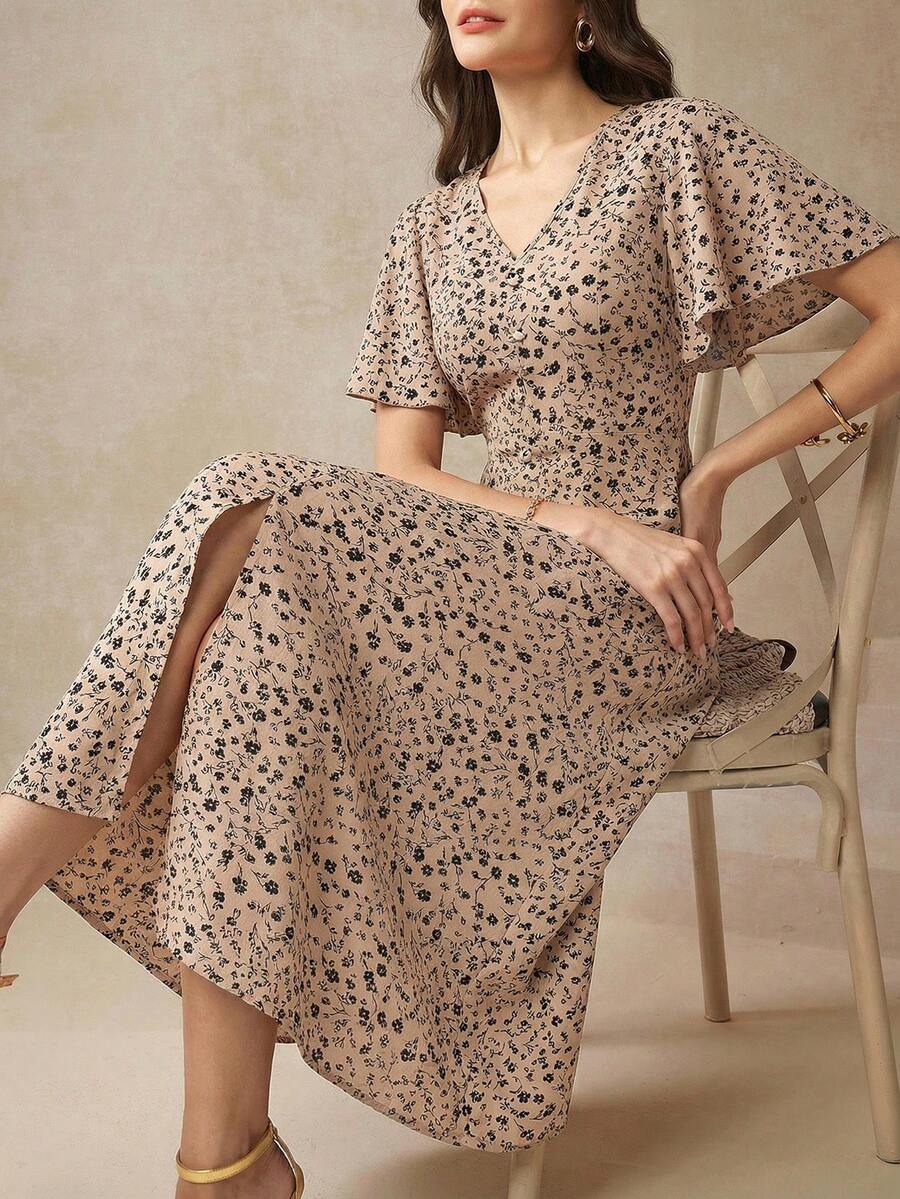 SHEIN Clasi Đầm dài họa tiết hoa nhí cho nữ, thanh lịch cho hoạt động ngoài trời và kỳ nghỉ, đầm mùa xuân/hè, đầm midi, đầm in hoa, đầm midi nữ, đầm dự tiệc lễ Phục sinh, đầm đi biển, đầm cưới và sự kiện, đầm nghỉ mát thanh lịch, đầm xếp nếp - Màu Khaki - Xem 1