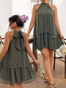 Lounesse 大码优雅女士连衣裙 珠光褶皱雪纺吊带蝴蝶结层叠蛋糕裙 - 綠色 - 查看 8