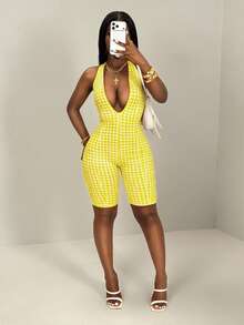 BamGleam 性感格子露背吊带紧身连体裤，夏季 - 黃色 - 查看 4