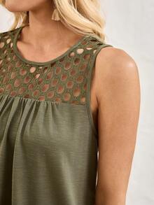 SHEIN Holidaya Women's Army Green Sleeveless Round Neck Hollow Out Ruched Fitted Tank Top - Army Green - View 2