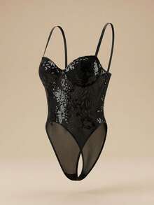 SHEIN PETITE Women's Black Floral Sequin Embroidery Stretch See-Through Bodysuit/Holiday Jumpsuits/Music Festival Outfits/Elegant And Simple Jumpsuits,Halloween - Black - View 2