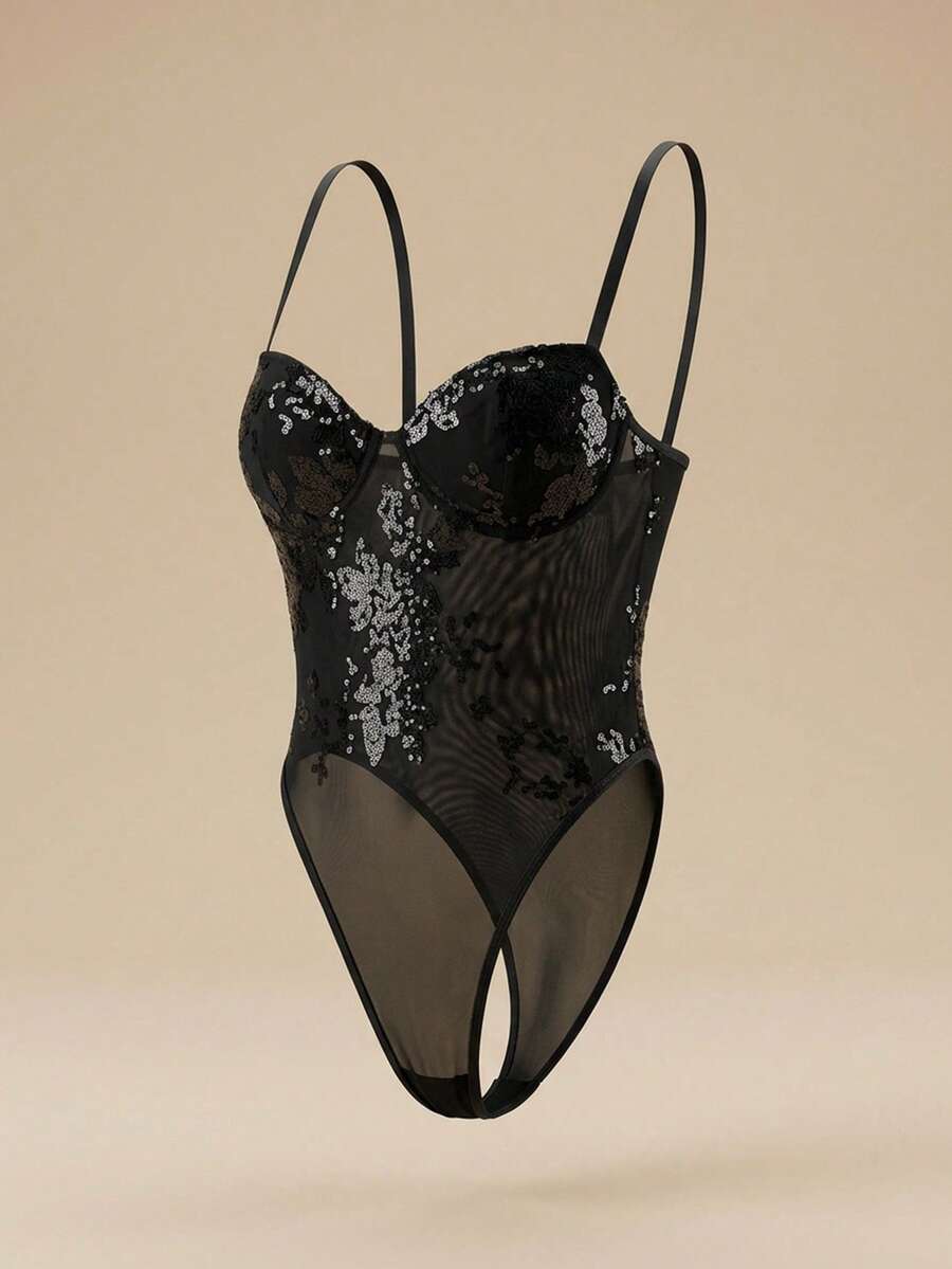 SHEIN PETITE Women's Black Floral Sequin Embroidery Stretch See-Through Bodysuit/Holiday Jumpsuits/Music Festival Outfits/Elegant And Simple Jumpsuits,Halloween