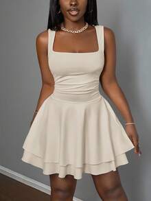 Slaydiva 2026春夏新款休闲度假浪漫基础款街头性感优雅通勤派对夜店俱乐部纯白无袖层叠迷你连衣裙，大码女装 - 杏色 - 查看 4