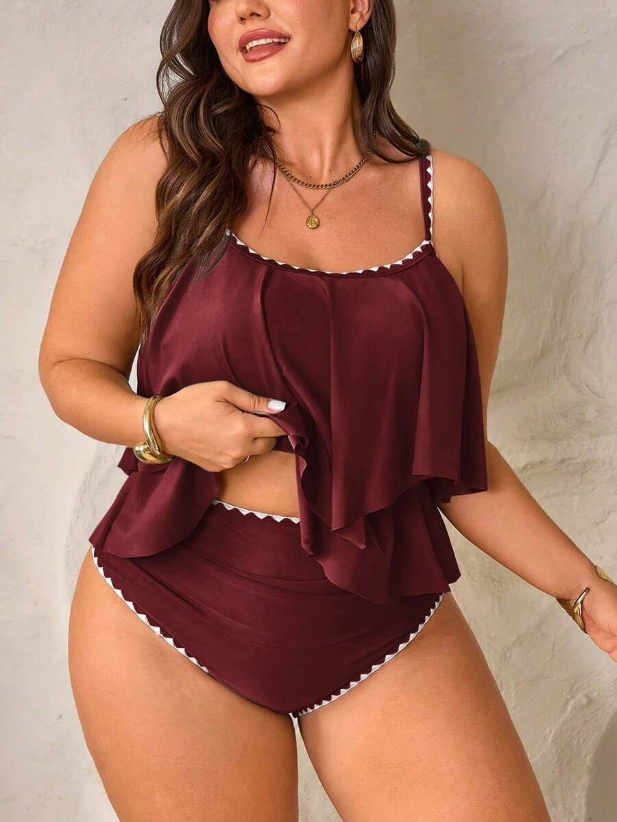 Swim Lushoire 2pcs Plus Size Women Green Spaghetti Strap Ruffle Trim Top & High Waist Ruffle Trim Pants Set, Summer Beach Holiday - Burgundy - View 1