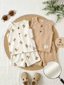 男婴休闲印花背心短裤套装，夏季 - 卡其色 - 查看 9