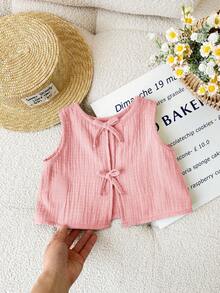 SHEIN LMoss Kids 女宝宝可爱夏季休闲百搭粉色蝴蝶结吊带背心 - 粉色 - 查看 4