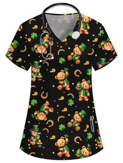 PopScrub Black V-Neck Short Sleeve Double Pocket Cute Green Bear, Four-Leaf Clover, Cartoon Print Design Nurse Doctor Work Uniform Top, Solid Color Pet Grooming Workwear, Nutritionist Lab Coat, Functional Multi-Pocket Summer Women Work Blouse