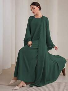 Graceveil 2pcs Women Traditional Long Dress & Abaya Coat Set Modest - Dark Green - View 4