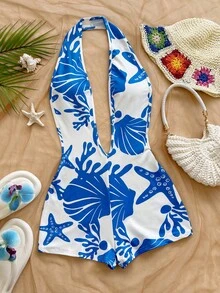 Soleia 女士度假白色针织纹理波浪图案深V领露背性感修身连体裤，适合派对、约会、下午茶、波西米亚风度假、海滩、夏季穿着 - 彩色 - 查看 4