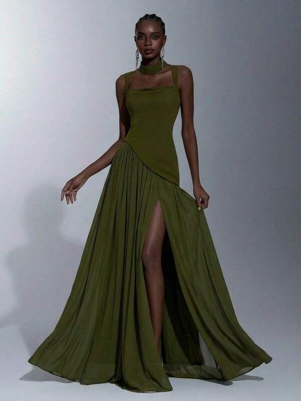 Elitara Vestido formal elegante y de moda con diseño de hombros descubiertos, doble tirante, cuello plisado, cintura definida y bajo en línea A, adecuado para varias ocasiones