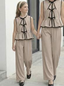 SHEIN 少女蝴蝶装饰撞色滚边休闲无袖衬衫和阔腿裤两件套 - 卡其色 - 查看 12