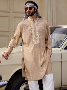 DAZY 杏色领饰长袖中东风男士衬衫，春夏款 - 卡其色 - 查看 4