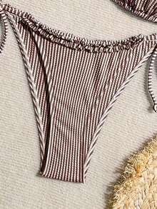 Swim Mod Women's Striped Nautical Style Patchwork Frill Trim Tie-Up Bikini Set - Brown - View 6
