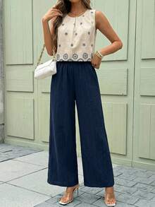 SHEIN Clasi 优雅女士纯色纹理褶皱上衣和花朵阔腿裤套装 - 藏蓝色 - 查看 6