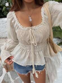 DAZY Women's Square Neck Cinched Waist Long Sleeve Cropped Lace Blouse - Green - View 6