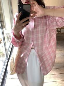 DAZY Women's Plaid Loose Casual Long Sleeve Shirt - Baby Pink - View 5