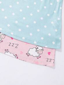 Genkimix Kids 2 pièces/Set Jeune fille Minimaliste Mignon Imprimé Mouton Dessin Animé Manches Courtes Longue Chemise de Nuit Ensemble Pyjama, Rose et Gris - Vert - Voir 7