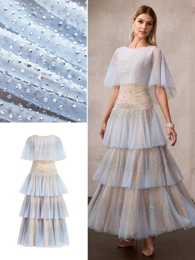 WOMEN'S NEW BLUE MESH BEADED LAYERED DRESS, ETHEREAL SHEER RUFFLE HEM MAXI DRESS, BANQUET RUNWAY EVENING GOWN