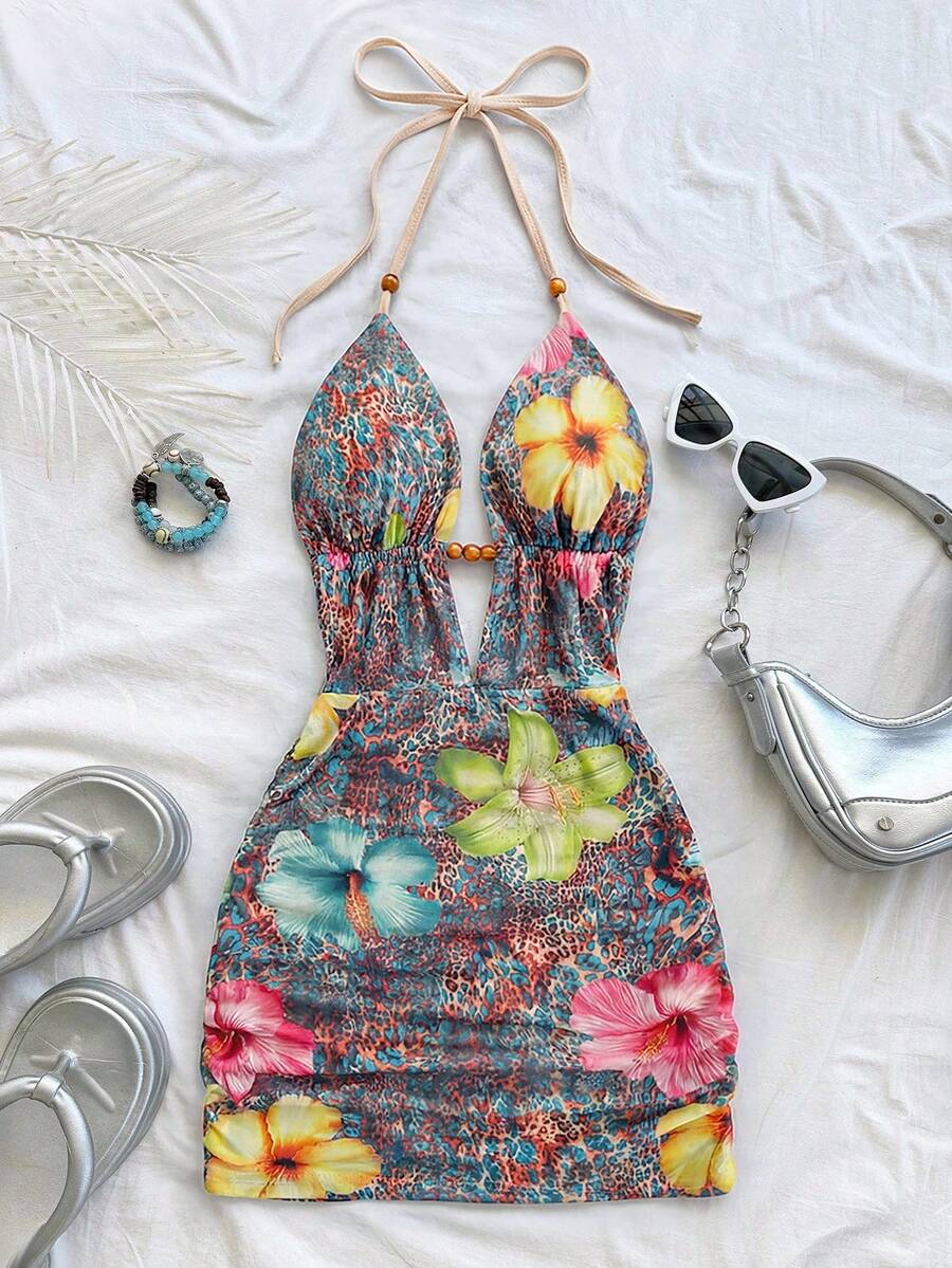 GlowEve 女士V领露背系带腰部褶皱紧身迷你连衣裙，性感时尚夏季装扮，适合派对、约会、下午茶、海滩度假，豹纹花卉印花 - 彩色 - 查看 1