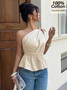 Siren Gaze 女士纯棉不对称肩部上衣，春夏新品 - 杏色 - 查看 4