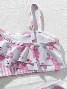 Girls Swimsuit Set, Striped Dolphin Print Pattern, Cute Swimwear Set Suitable For Vacation, Beach Play - Multicolor - View 4