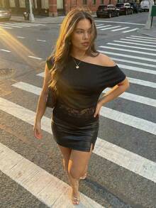 SHEIN ICON 大码女式蕾丝拼接斜肩上衣 - 黑色 - 查看 14
