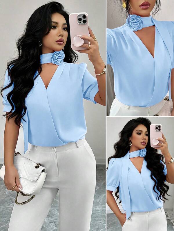 Rafferiza Elegante blusa casual de uso diario con mangas cortas, cuello en V y cruce, de color azul con cintas florales 3D, para mujer en primavera/verano
