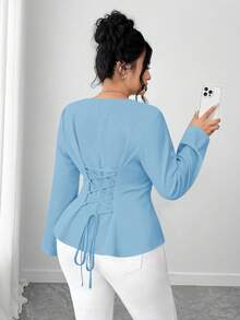 Elenzga Camisa de mujer talla grande con cuello oblicuo, abertura en la espalda y lazo - Azul - Ver 2