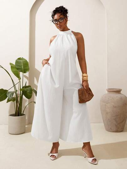 Veslaya 2026春夏大码女装音乐节、复活节、西部风、游牧风、生日派对、毕业典礼、大学、学生、日常穿着、基础款、休闲、度假、邮轮、海滩、日光浴、潮流、街头风、婚礼宾客、通勤、早午餐、机场、派对、节日、优雅晚宴、舞会、休闲、高端优雅白色褶皱无袖阔腿连体裤