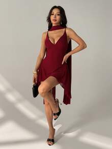 SHEIN PETITE Summer Beach Vacation Elegant Solid Black Deep V-Neck Ribbon Mini Dress, Suitable For Daily Dating, Night Out, Nightclubs, Parties, Get-Togethers, Cocktail Parties, Holiday Jumpsuits, Pool Parties, Office Wear, Commuter Dresses,Rave Outfits Festival - Red - View 1